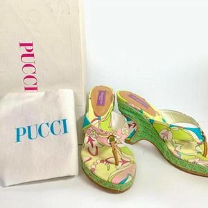 Emilio Pucci Abstract Psychedelic Green Blue Pink Heeled Flip Flop Wedges